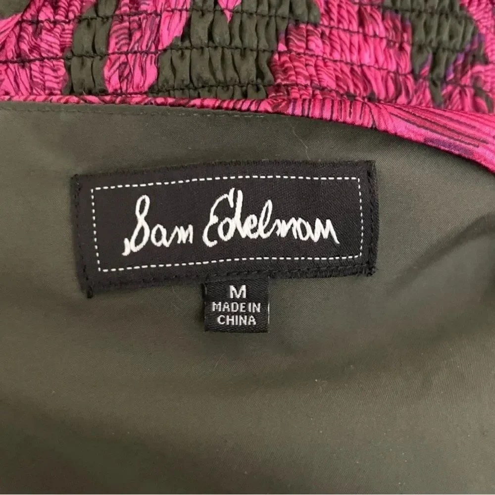 Sam Edelman Tropical Palm Mini Dress Smocked Waist Tiered Long Sleeve Pink Black